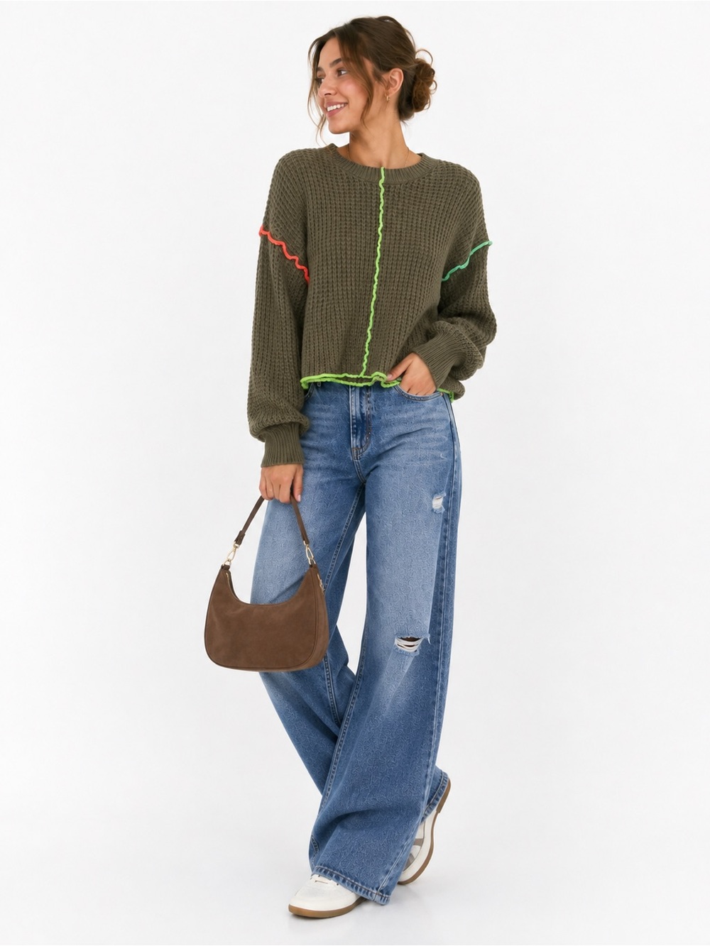 New IN Women’s Waffle Knit Sweater Medium Brown Neon Contrast Stitch - Picture 6 of 15